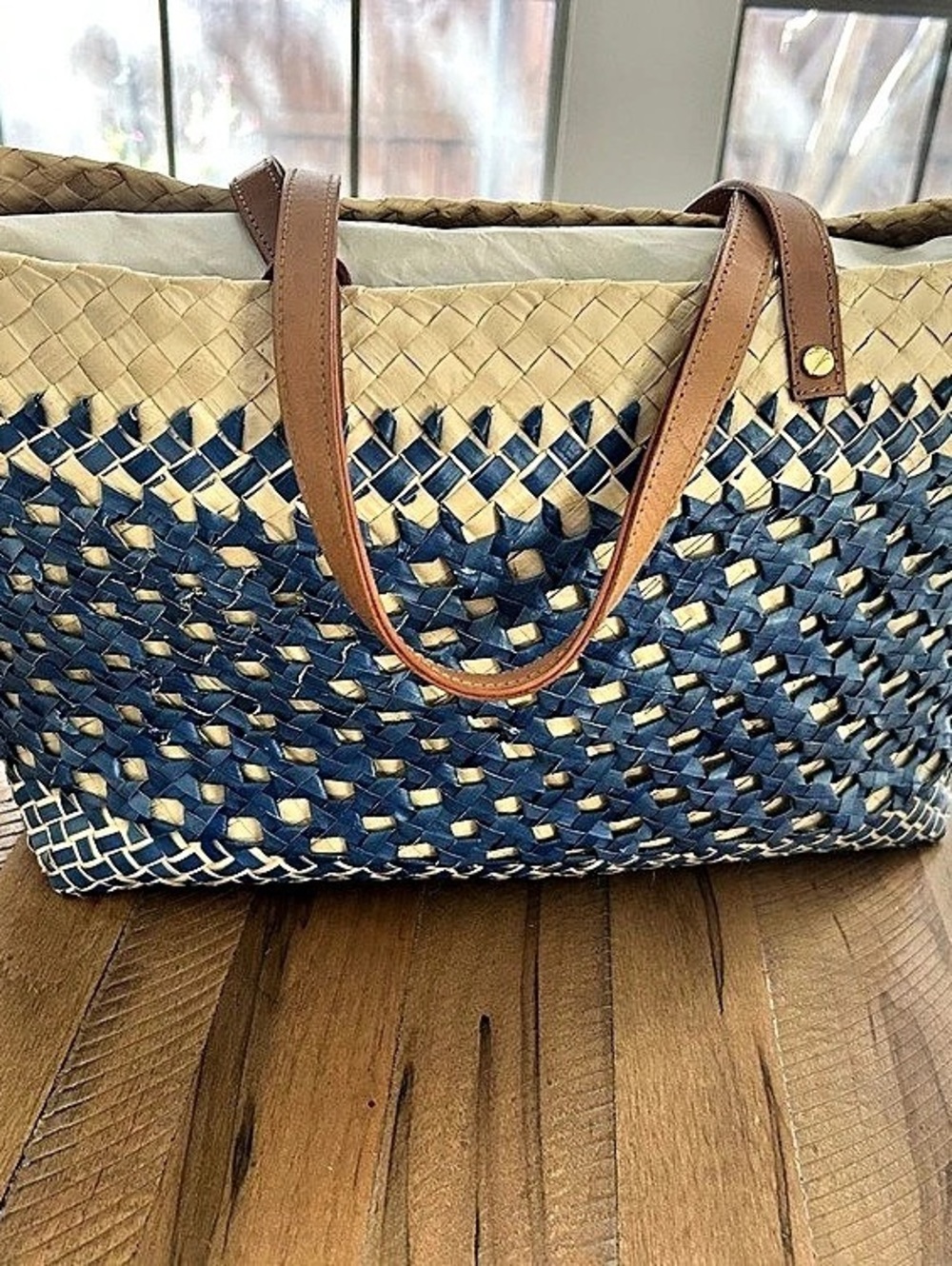 Tory Burch Ella Straw Basket Tote Blue & Tan - Picture 3 of 9